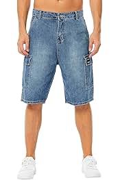 LONGBIDA Men's Loose Fit Denim Cargo Shorts with Multi